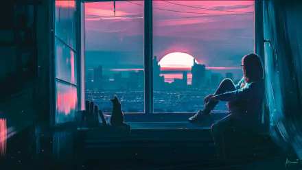 Artistic HD desktop wallpaper featuring a silhouette of a person and a cat gazing at a vibrant sunset over a cityscape through a large window.