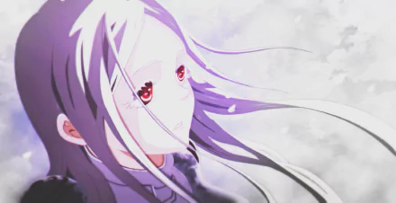 HD anime desktop wallpaper featuring Shiro from Deadman Wonderland with flowing white hair and red eyes against a soft, cloudy background.