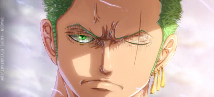 HD PC desktop wallpaper featuring a close-up of Roronoa Zoro from the anime One Piece, showcasing his intense green eyes and signature earrings.