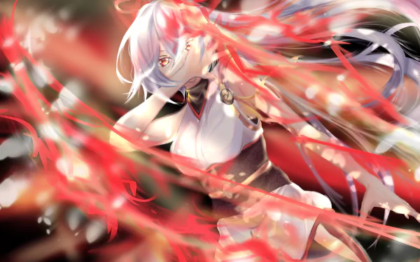 Illuminated by vibrant red accents, Tomoe Gozen from Fate/Grand Order stands poised, showcasing dynamic movement in this stunning 4K Ultra HD anime wallpaper.