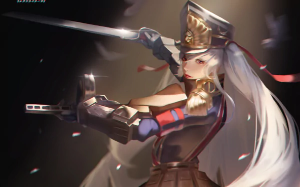 Altair (Re:Creators) in a dynamic sword pose, long silver hair and regal uniform, anime HD PC desktop wallpaper/background with dramatic lighting and focused expression.