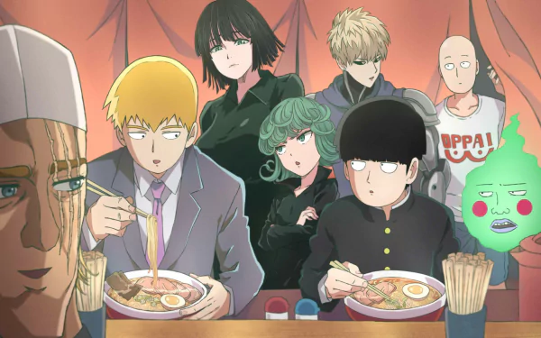 HD desktop wallpaper of a crossover between Mob Psycho 100 and One-Punch Man featuring popular characters like Saitama, Genos, and Shigeo Kageyama dining together.
