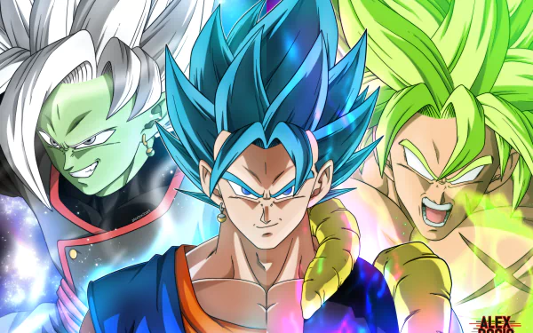 HD desktop wallpaper featuring Zamasu, Gogeta in Super Saiyan Blue form, and Broly in Super Saiyan Green form from Dragon Ball Super. Tags include Ultra Instinct, Dragon Ball crossover, and anime.