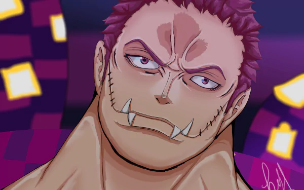 Close-up of Charlotte Katakuri from One Piece with a fierce stare, facial scars and tusk-like teeth — anime 5K Ultra HD PC desktop wallpaper background.