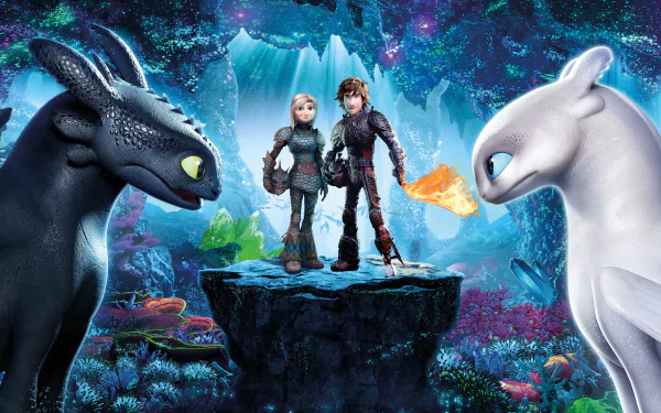 HD wallpaper from How to Train Your Dragon: The Hidden World featuring Hiccup, Astrid, Toothless, and the White Night Fury standing on a cliff amid a colorful, mystical backdrop.