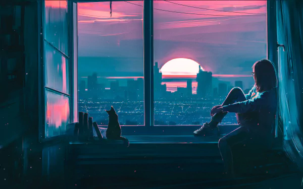 Artistic HD desktop wallpaper featuring a silhouette of a person and a cat gazing at a vibrant sunset over a cityscape through a large window.