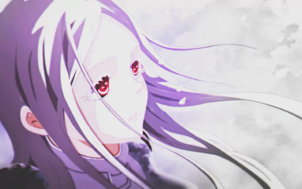 HD anime desktop wallpaper featuring Shiro from Deadman Wonderland with flowing white hair and red eyes against a soft, cloudy background.