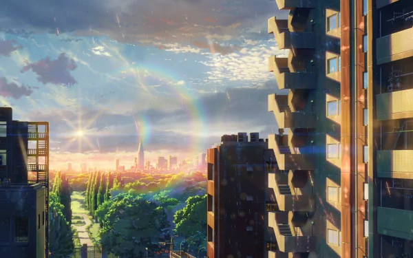 HD anime wallpaper from The Garden of Words featuring a cityscape at sunset with glowing sunlight and a faint rainbow over urban buildings and lush green trees.