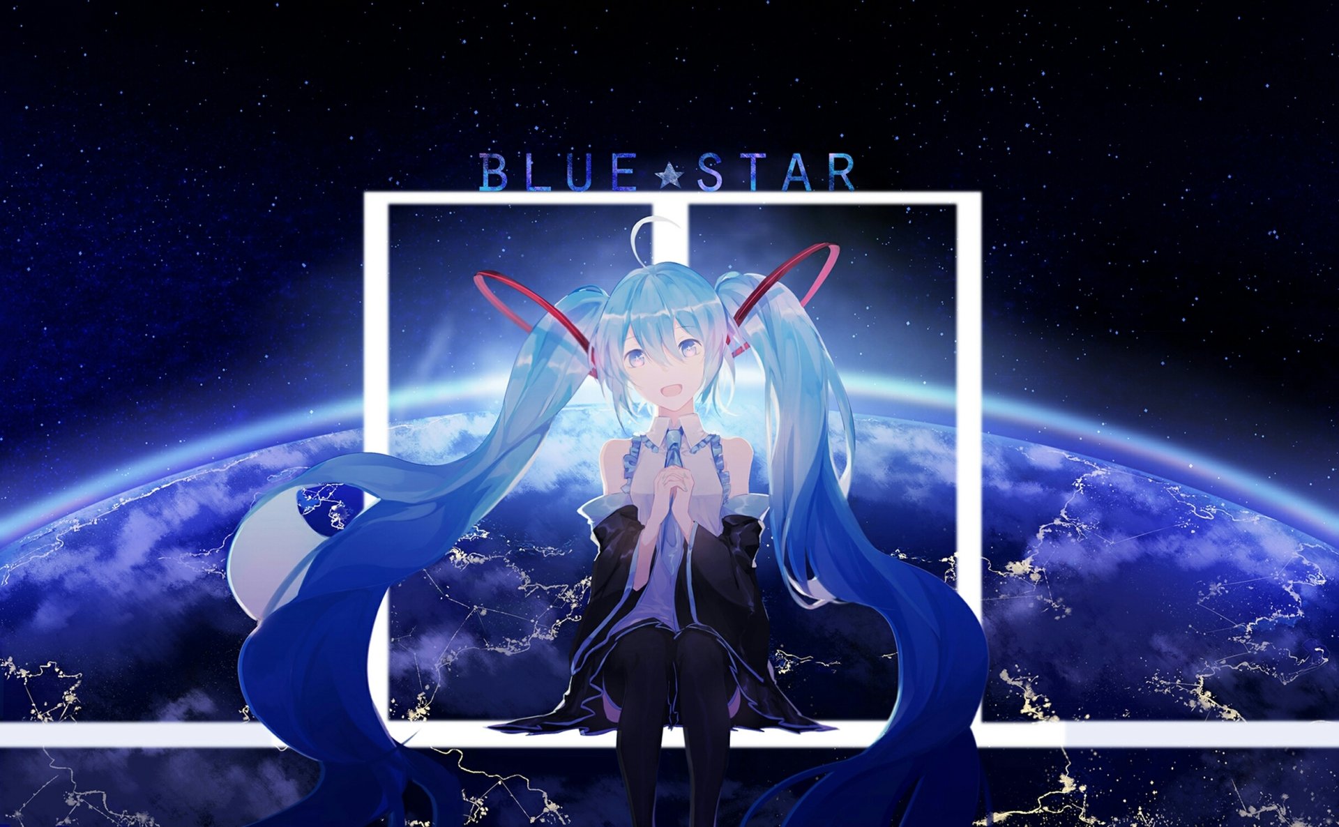 HD PC desktop wallpaper featuring Hatsune Miku from Vocaloid with a cosmic backdrop and glowing blue accents, blending anime style and futuristic elements.
