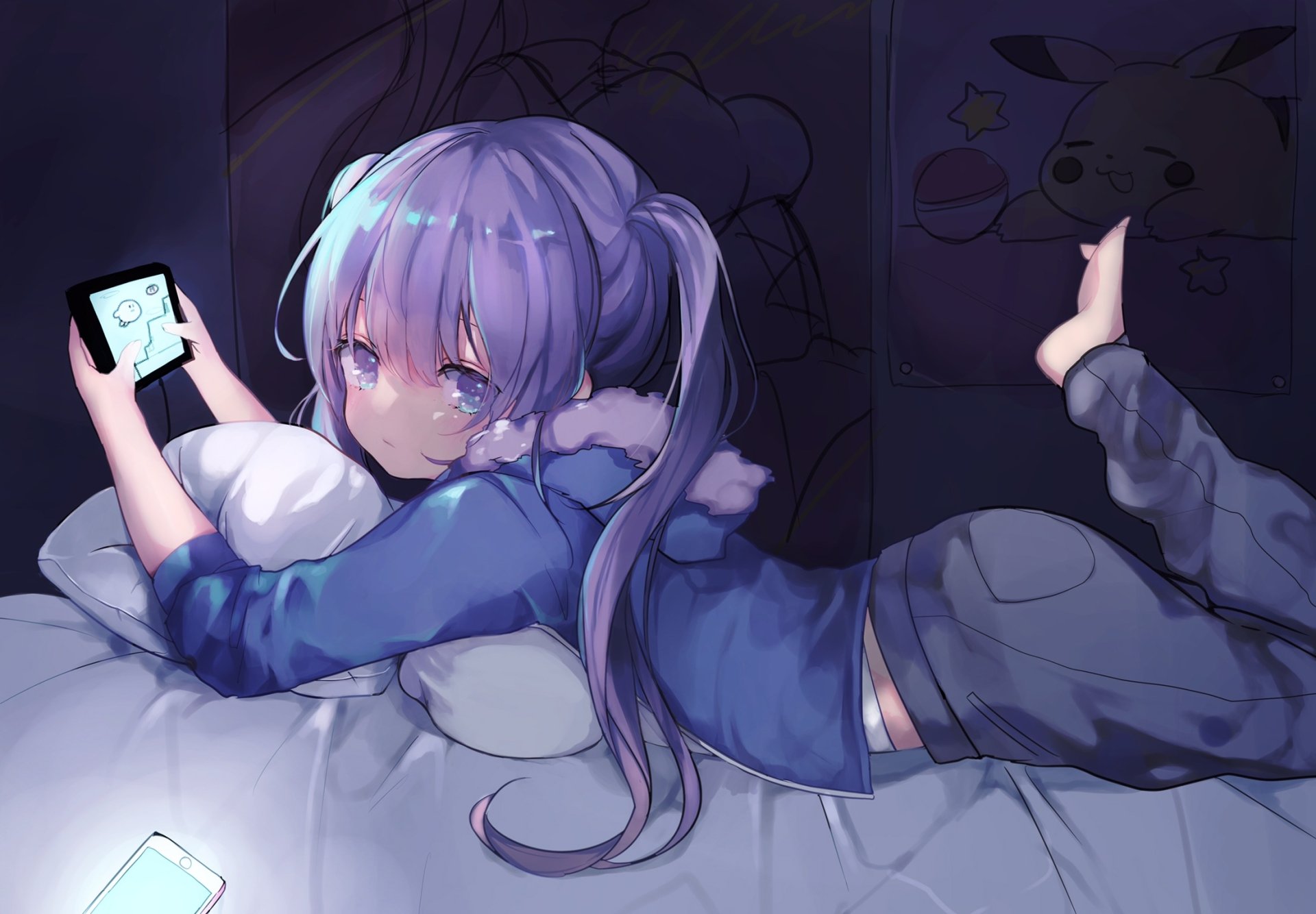 Anime-style character with long hair rests on a bed, holding a handheld gaming device in a dimly lit room. HD original desktop wallpaper and background.