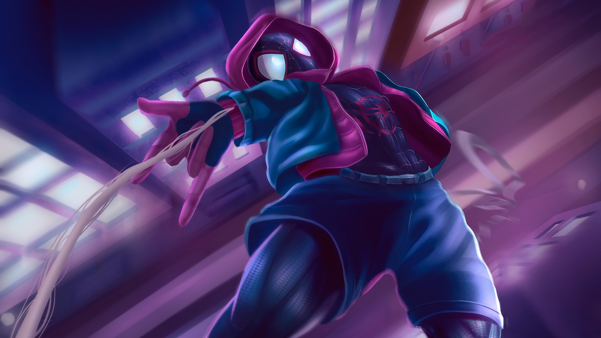 Miles Morales as Spider-Man in a dynamic Spider-Man: Into the Spider-Verse HD PC desktop wallpaper — hooded, web-slinging pose against a neon-lit cityscape.