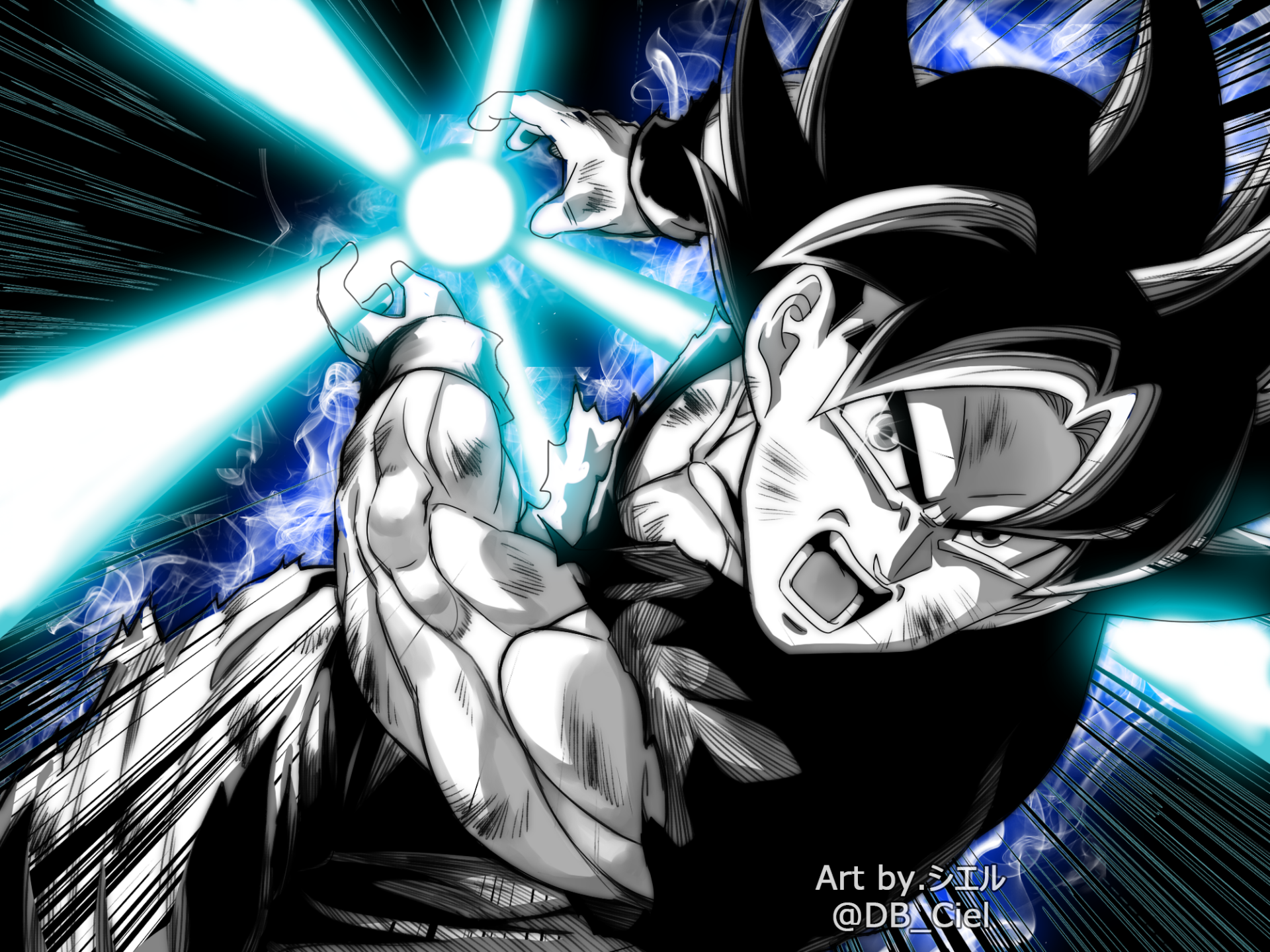 HD PC desktop wallpaper featuring Goku from Dragon Ball Super unleashing an energy attack, surrounded by dynamic blue and white lightning effects in an anime style.