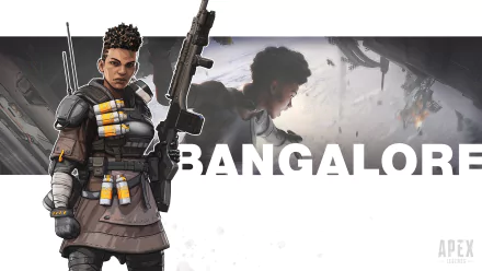 HD PC desktop wallpaper featuring Bangalore from the video game Apex Legends, showcasing her armed and ready with a backdrop highlighting her name.