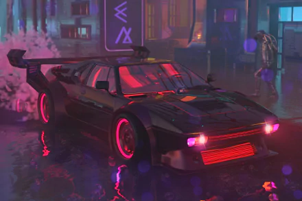 Retrowave illustration of a BMW M1: neon-soaked black sports car with pink-lit wheels and reflections in a rainy cybercity — HD PC desktop wallpaper/background.
