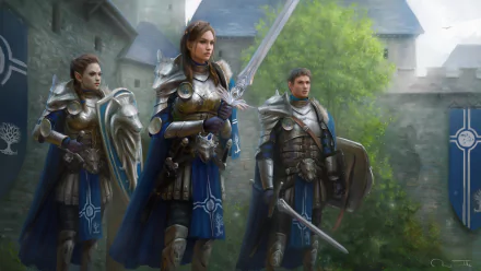 Three fantasy warriors in shining armor stand ready with swords and shields near a castle, facing an unseen orc threat in a vivid HD PC wallpaper scene.