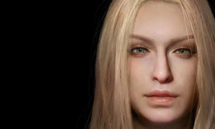 HD PC desktop wallpaper featuring Trish from the video game Devil May Cry 5, showcasing her detailed facial features against a black background.