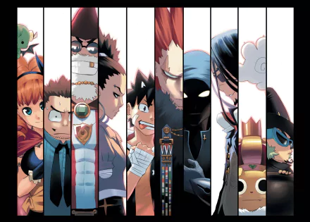 HD PC desktop wallpaper featuring Master Lord Majesty, Dart Dragunov, Grimm, Doc, Boobrie, Mélie, Alma, and Seth from the anime Radiant in a dynamic vertical split design.