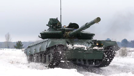 HD desktop wallpaper of a T-64 military tank moving through snowy terrain under a cloudy sky.