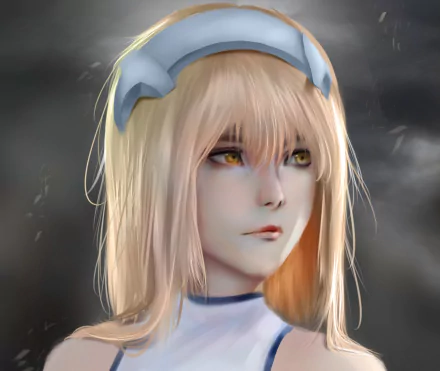 HD anime wallpaper featuring Aiz Wallenstein from Danmachi: Sword Oratoria with detailed blonde hair and golden eyes against a dark, moody background.