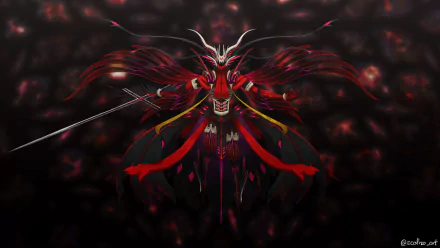 HD anime wallpaper featuring Antonio Salieri from Fate/Grand Order, showcasing his dark, intricate armor and flowing red accents in a dramatic, shadowy background.