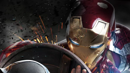HD desktop wallpaper featuring Iron Man from the movie Captain America: Civil War, showcasing him holding Captain America's shield amidst sparks and a dark, dynamic background.