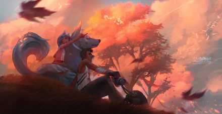 A fantasy landscape HD wallpaper depicting a person and a wolf under vibrant wind-swept trees, blending nature and mystical elements in a dramatic scene.