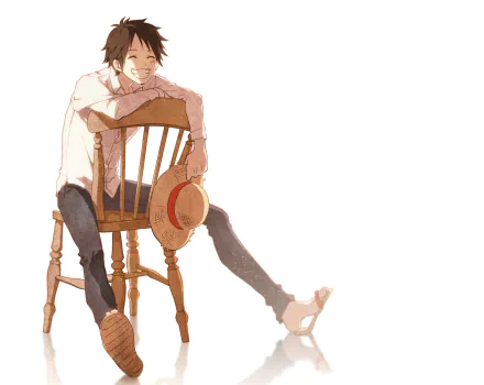 HD PC desktop wallpaper featuring Monkey D. Luffy from the anime One Piece, casually sitting on a wooden chair holding his iconic straw hat.