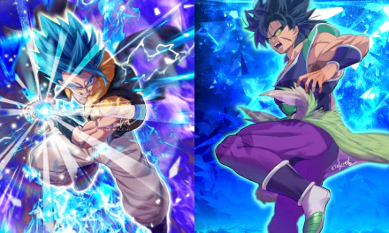 HD anime wallpaper featuring Super Saiyan Blue Gogeta and Broly from Dragon Ball Super: Broly, showcasing intense blue and green eyes and dynamic Kamehameha energy effects.