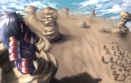 High-definition anime wallpaper depicting Madara Uchiha in armor with the Sharingan, set in a vast desert landscape from Naruto, with a distant group of figures in the background.