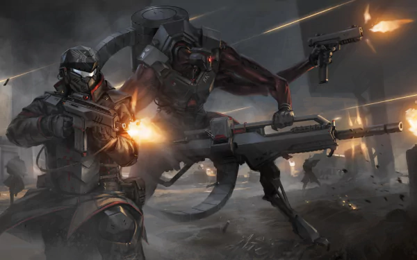 HD PC desktop wallpaper: Cravers (Endless Space 2) video game art of armored Craver soldiers and a mechanical walker unleashing gunfire through smoke and battlefield debris.