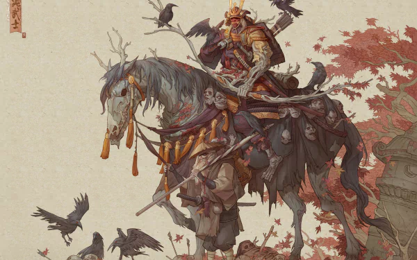 A fantasy warrior samurai with a skull face rides an undead horse, surrounded by crows in an eerie, detailed HD desktop wallpaper background.