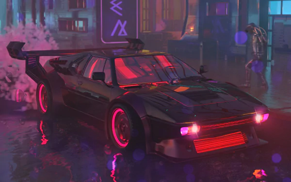 Retrowave illustration of a BMW M1: neon-soaked black sports car with pink-lit wheels and reflections in a rainy cybercity — HD PC desktop wallpaper/background.