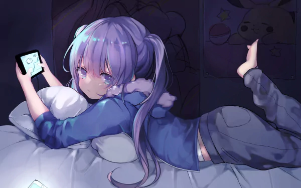 Anime-style character with long hair rests on a bed, holding a handheld gaming device in a dimly lit room. HD original desktop wallpaper and background.