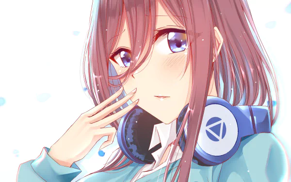 HD desktop wallpaper featuring Miku Nakano from The Quintessential Quintuplets anime, depicted with headphones and a thoughtful expression.