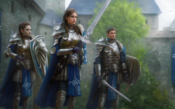 Three fantasy warriors in shining armor stand ready with swords and shields near a castle, facing an unseen orc threat in a vivid HD PC wallpaper scene.