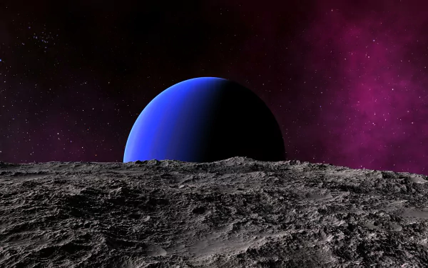 8K Ultra HD Sci-Fi desktop wallpaper showing a rocky lunar surface with a large blue planet and a starry purple space backdrop.