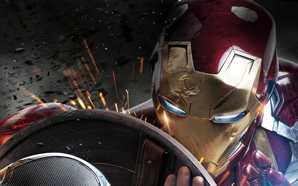 HD desktop wallpaper featuring Iron Man from the movie Captain America: Civil War, showcasing him holding Captain America's shield amidst sparks and a dark, dynamic background.