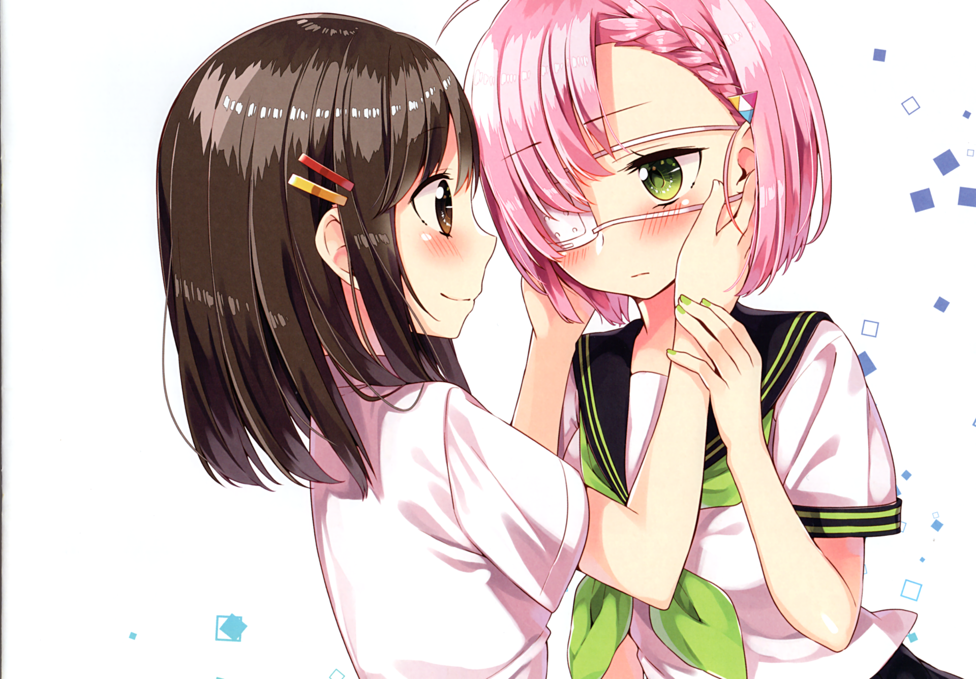 HD anime-style original artwork featuring two schoolgirls, one with brown hair and the other with pink hair and an eyepatch, sharing a tender moment as a PC desktop wallpaper.