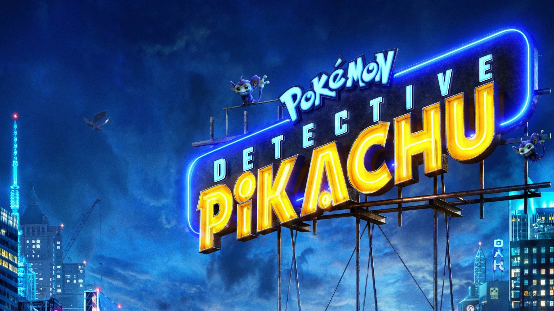 HD PC desktop wallpaper featuring the glowing Neon sign of the movie Pokémon Detective Pikachu against a nighttime cityscape.
