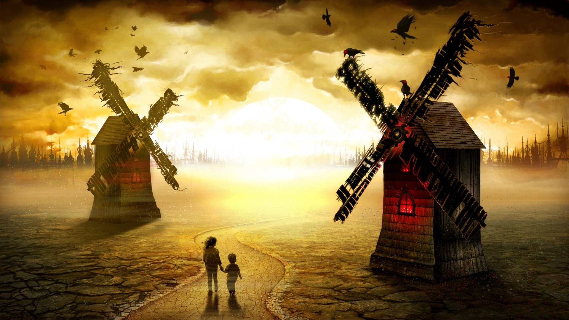 Download Pollution Crow Windmill Child Dark Landscape HD Wallpaper