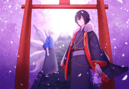 HD anime desktop wallpaper featuring Ginji and Ōdanna from Kakuriyo no Yadomeshi standing beneath a red torii gate with glowing sakura petals.