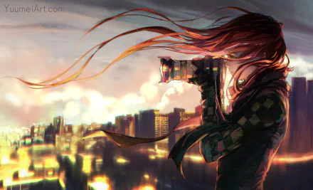 Anime-style illustration of a photographer with flowing red hair capturing a cityscape at sunset, suitable as an HD desktop wallpaper.