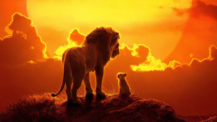 Mufasa and Simba from The Lion King (2019) stand on a rock at sunset, captured in HD quality in this desktop wallpaper background.