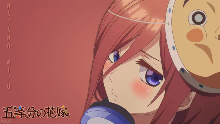 HD desktop wallpaper featuring Miku Nakano from the anime The Quintessential Quintuplets (Gotoubun no Hanayome), showcasing her with a shy expression and blush, set against a soft red background.