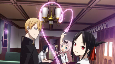 HD wallpaper from Kaguya-sama: Love is War featuring Chika Fujiwara, Ai Hayasaka, Miyuki Shirogane, and Kaguya Shinomiya in a charming scene with a glowing heart in a classic room setting.