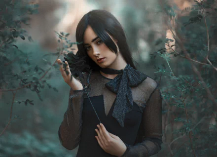 black rose black dress black hair woman model HD Desktop Wallpaper | Background Image