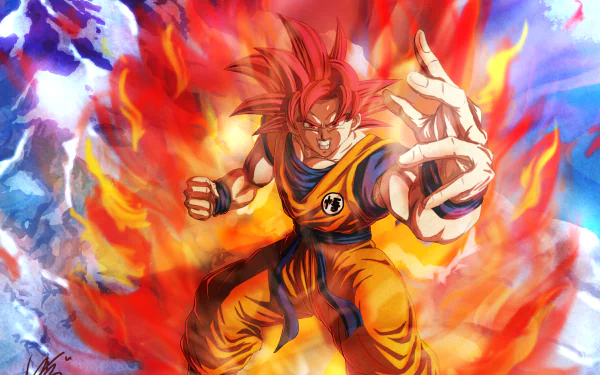 Vibrant 4K Ultra HD desktop wallpaper of Goku in Super Saiyan God form from Dragon Ball Super, surrounded by fiery red and blue energy aura.