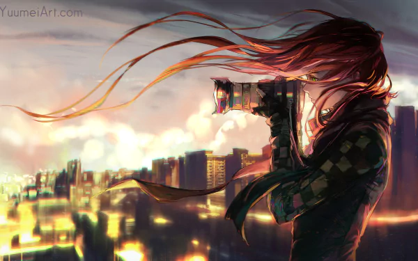 Anime-style illustration of a photographer with flowing red hair capturing a cityscape at sunset, suitable as an HD desktop wallpaper.