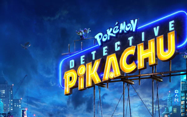 HD PC desktop wallpaper featuring the glowing Neon sign of the movie Pokémon Detective Pikachu against a nighttime cityscape.