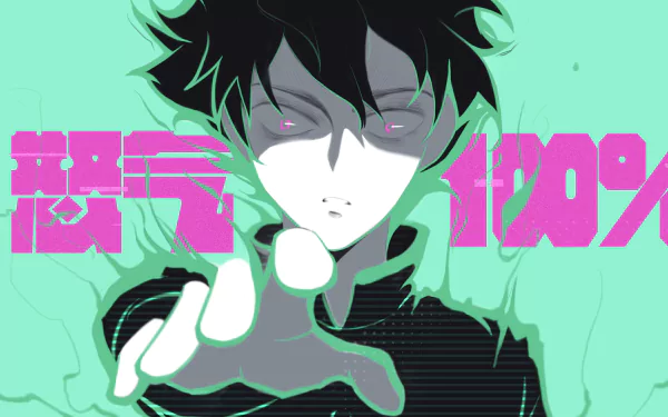 4K Ultra HD desktop wallpaper featuring Shigeo Kageyama from the anime Mob Psycho 100 with vibrant neon pink text on a teal background.